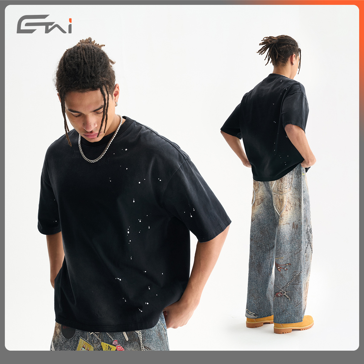 ETAI Hombre| Suelta corta inyección de tinta de caballo de algodón de alta calidad pesado de hombro caer camiseta desgastada image 4