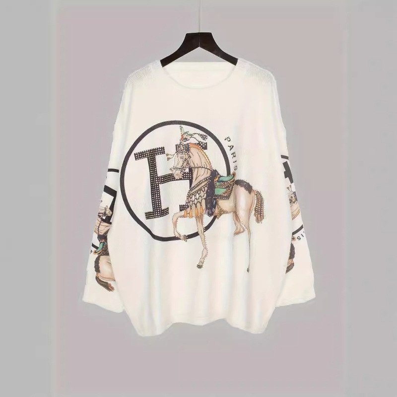 Autumn and Winter Loose Popular Women's Knitwear Knitwear Hot Diamond Horse H Print Palace Style Retro Long-Sleeved Round Neck Pullover