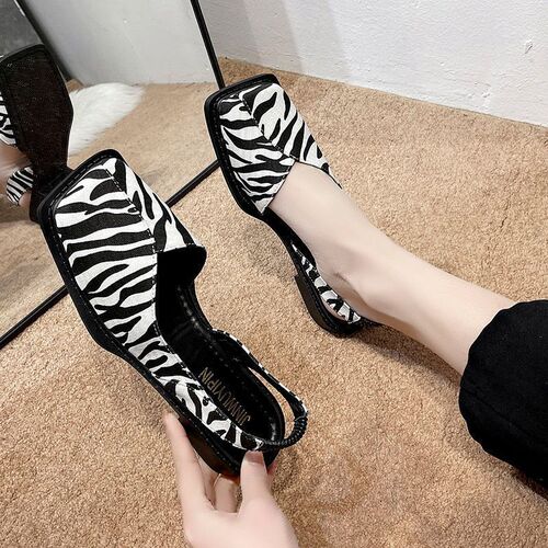 Square Head Zebra Print Half Slip-On Spring Single Shoe Flat Leather Surface One Strap Sandal Trendy Women