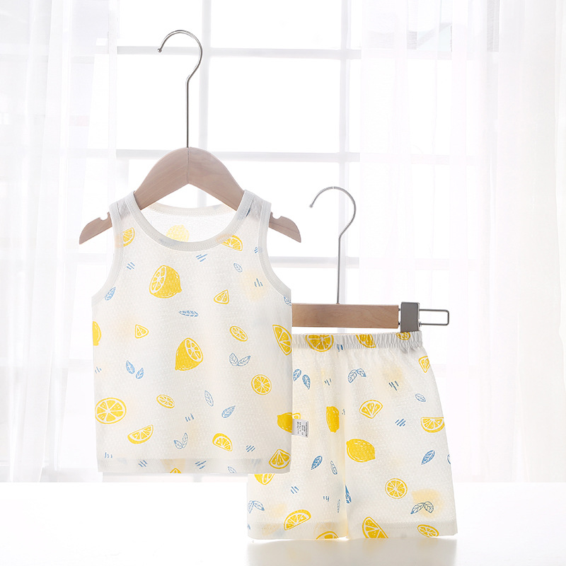 Bebé chaleco traje verano fino bebé algodón sin mangas homewear pantalones cortos niños y niñas pijamas desgaste del verano