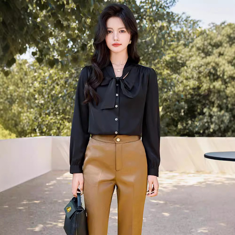 New Korean-style High-end Long-sleeved Shirt Women's Satin Bow Professional Slim-fit Work Clothes Women's plus size Shirt