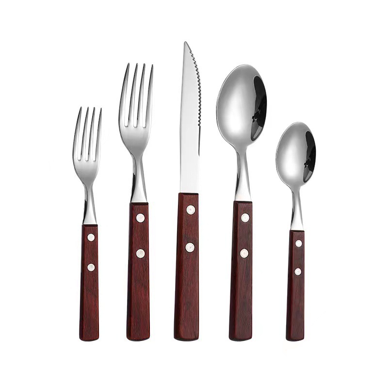 304 cubiertos de madera mango cubiertos set cuchillo tenedor cuchara set 5 piezas set
