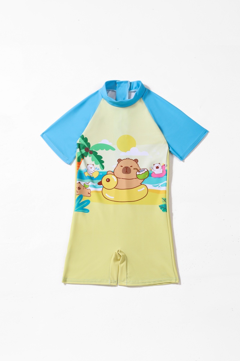 Caricatura encantadora capibara trajes de baño para niños, trajes de baño de mangas cortas para niños, trajes de baño conservadores para niños