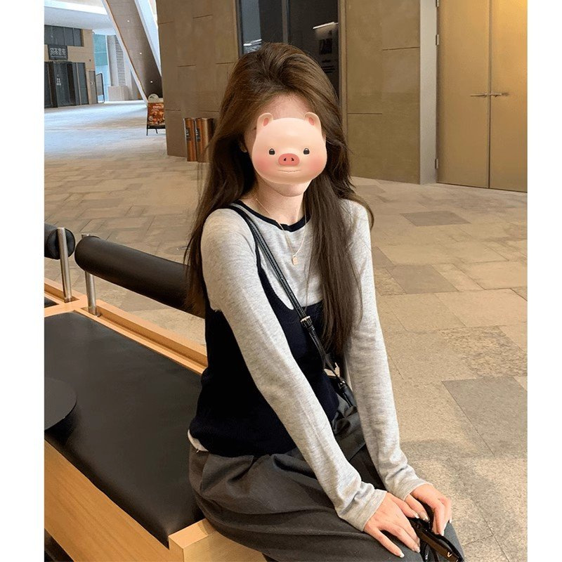 한국 스타일 스택 콘트라스트 크루 넥 니트 긴팔 티셔츠 여성용 가을 2024 새로운 슬림 핏 내베이스 셔츠 탑