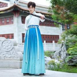 中国风夏季浅水蓝色大码男装古风汉元素汉服男士帅气公子侠客套装