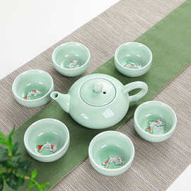 端午青瓷功夫茶具鲤鱼杯陶瓷茶具茶壶套装整套公司活动礼品批发