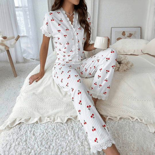 European and American Cross-border Hot-selling Home Clothes Cherry Printed Short-sleeved Lapel Pajamas Women's Outer Wearing Pants Two-piece suit