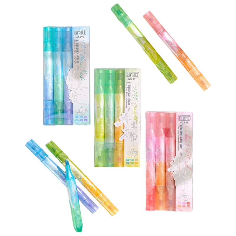 Suministros creativos para estudiantes, resaltador con brillo, color claro, resaltador de doble cabeza, bolígrafo clave, marcador al por mayor