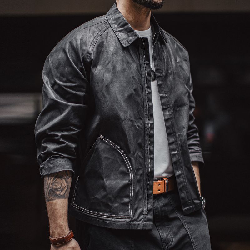 Madden Workwear American Retro Black Waxed Jacket with Contrast Stitching, Casual Hunting Style Short Coat for Men, Autumn Madden Workwear American Retro Black Waxed Jacket with Contrast Stitching, Casual Hunting Style Short Coat for Men, Autumn