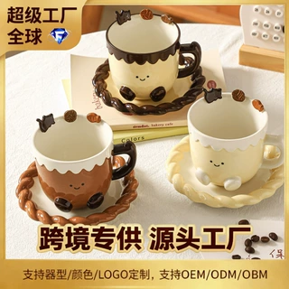 猫咖手绘陶瓷杯碟套装釉下彩可爱猫咪浮雕贴片杯烤箱微波炉适用