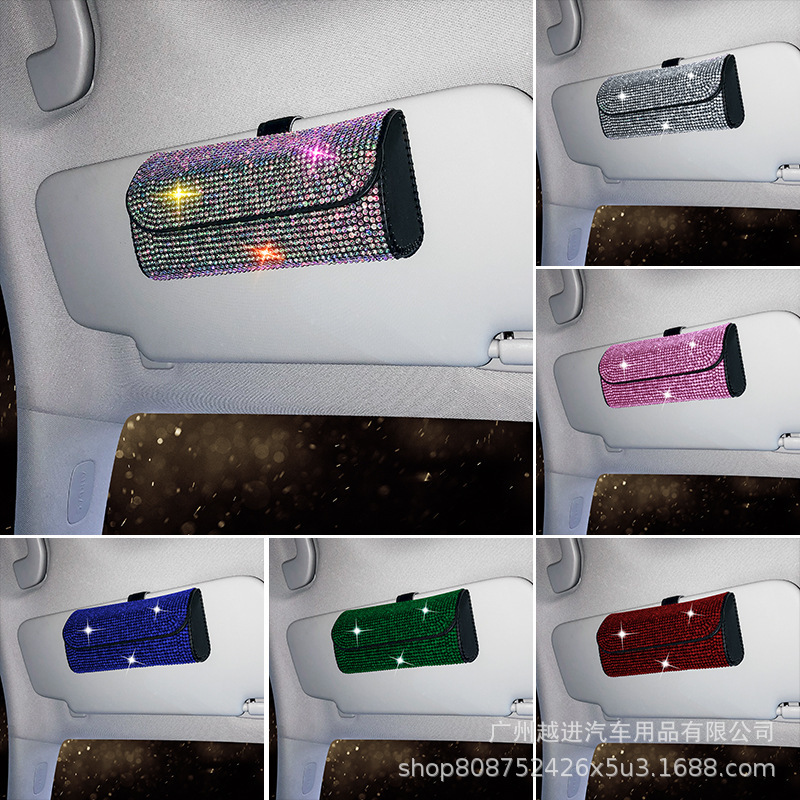 Diamond-Encrusted Car Glasses Case Full of Diamonds Multifunctional Sunglasses Storage Box Sun Visor Car Sunglasses Case Universal for Women
