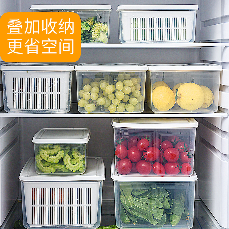 Caja de almacenamiento de frutas y verduras caseras de grado alimenticio para refrigerador de frutas y verduras de drenaje de doble capa cubierta de sellado de plástico