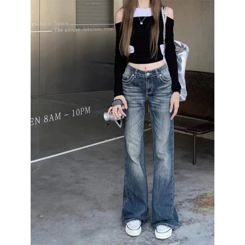 American supermodel slimming pants hot girl y2k low waist micro flared jeans children's design sense heavy industry straight pants American supermodel slimming pants hot girl y2k low waist micro flared jeans children's design sense heavy industry straight pants
