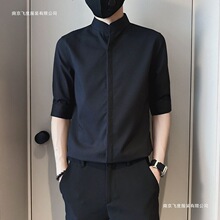 衬衫透气时尚潮免烫衬衣立领短袖薄款痞帅中式上衣五分袖男士夏季