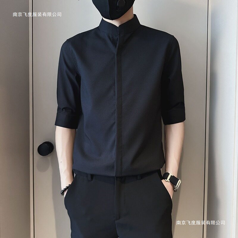 衬衫透气时尚潮免烫衬衣立领短袖薄款痞帅中式上衣五分袖男士夏季