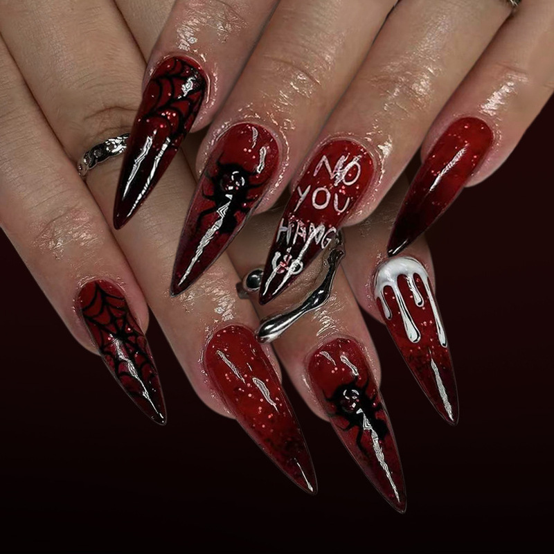 Long Pointed Glossy 2025 New Halloween Manicure Burgundy Spider Web Gradient Glitter Wearable Nails 24 Pieces Long Pointed Glossy 2025 New Halloween Manicure Burgundy Spider Web Gradient Glitter Wearable Nails 24 Pieces