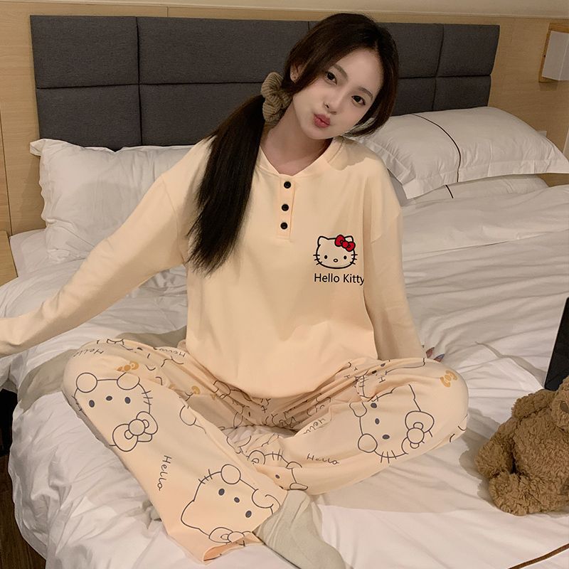 跨境批发纯棉睡衣女款春秋季长袖新款可爱猫咪卡通简约家居服套装|undefined