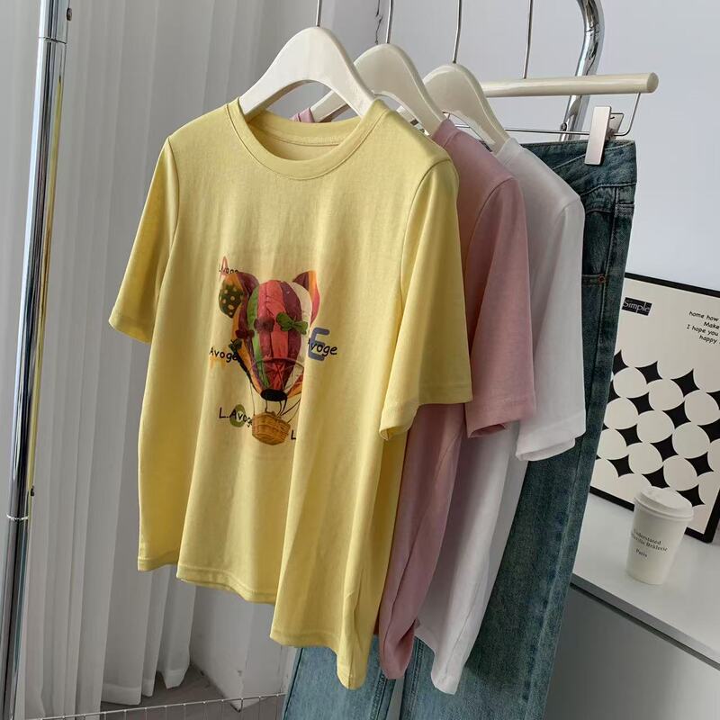Hot Air Balloon Printed Short-Sleeved T-Shirt for Women Summer New Thin Korean Style Loose Casual Work Clothing Breathable Versatile Top