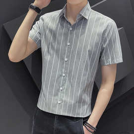 新款韩版条纹衬衫男士短袖夏季潮流修身衬衣青年学生帅气百搭寸衫