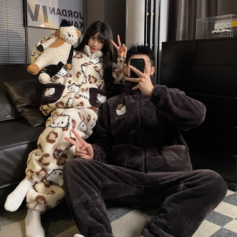 Autumn and Winter New Style Zipper Stand Collar Cartoon Cute Couple Style Warm Coral Velvet Can Be Worn Outside Home Clothes Two-Piece Suit