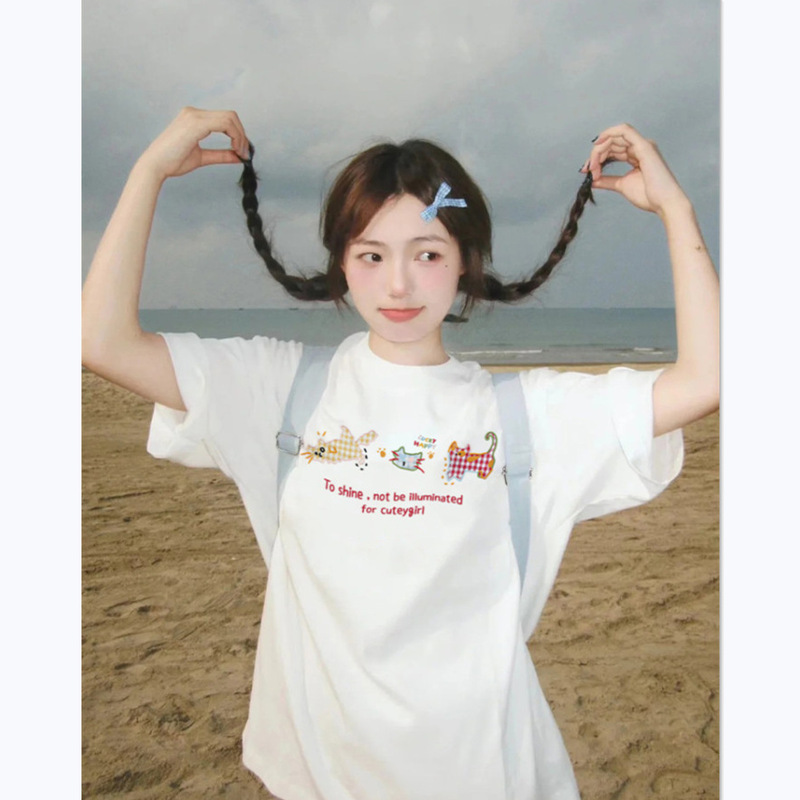 2026 New Versatile White Short-Sleeve T-Shirt for Summer, Petite Women's Pure Cotton Loose Top, Ins Style Lazy Summer Fashion for Plus-Size