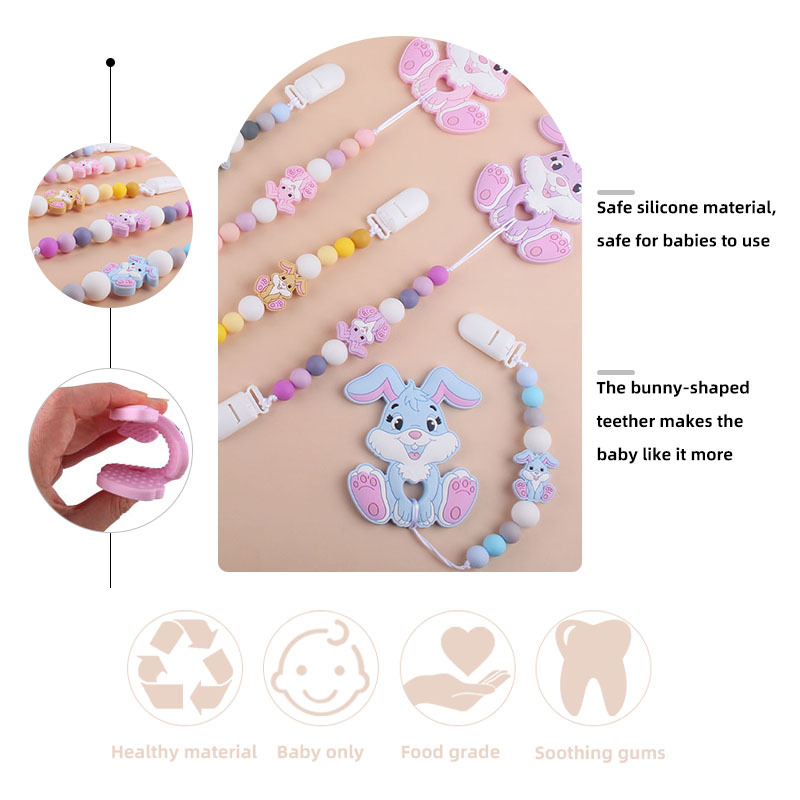 Amazon nuevo bebé suministros de dibujos animados conejo de silicona juguete mordedor pezón anti-gota cadena molar traje