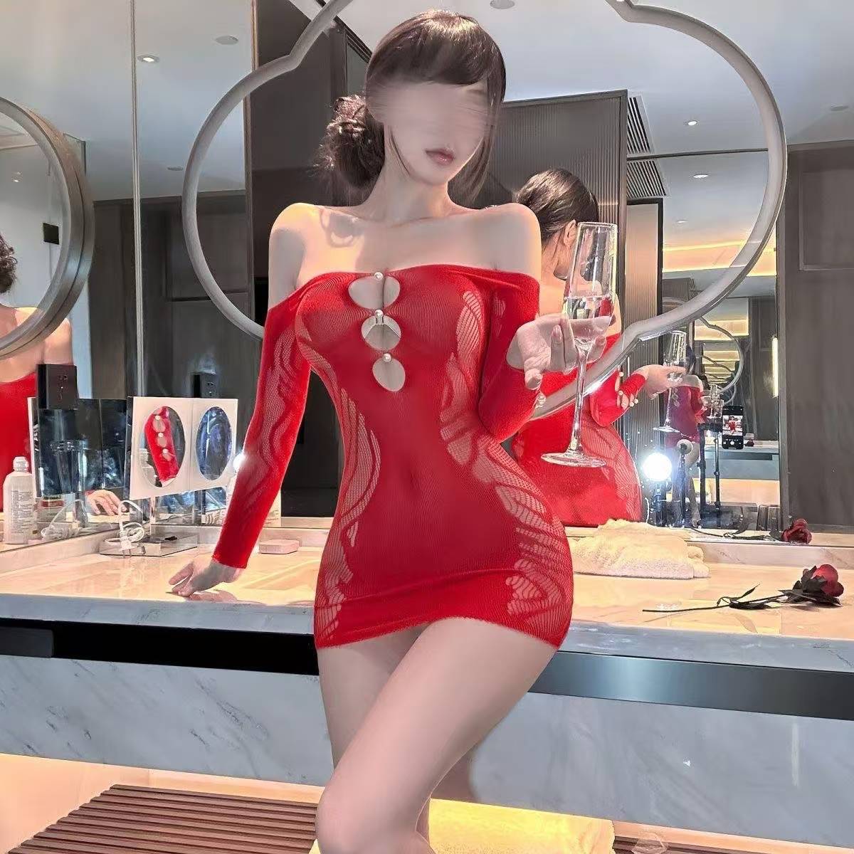 Blue Mesh Slim-Fit Mini Dress with Hip Skirt, One-Size Polyester Lingerie — detail image 2