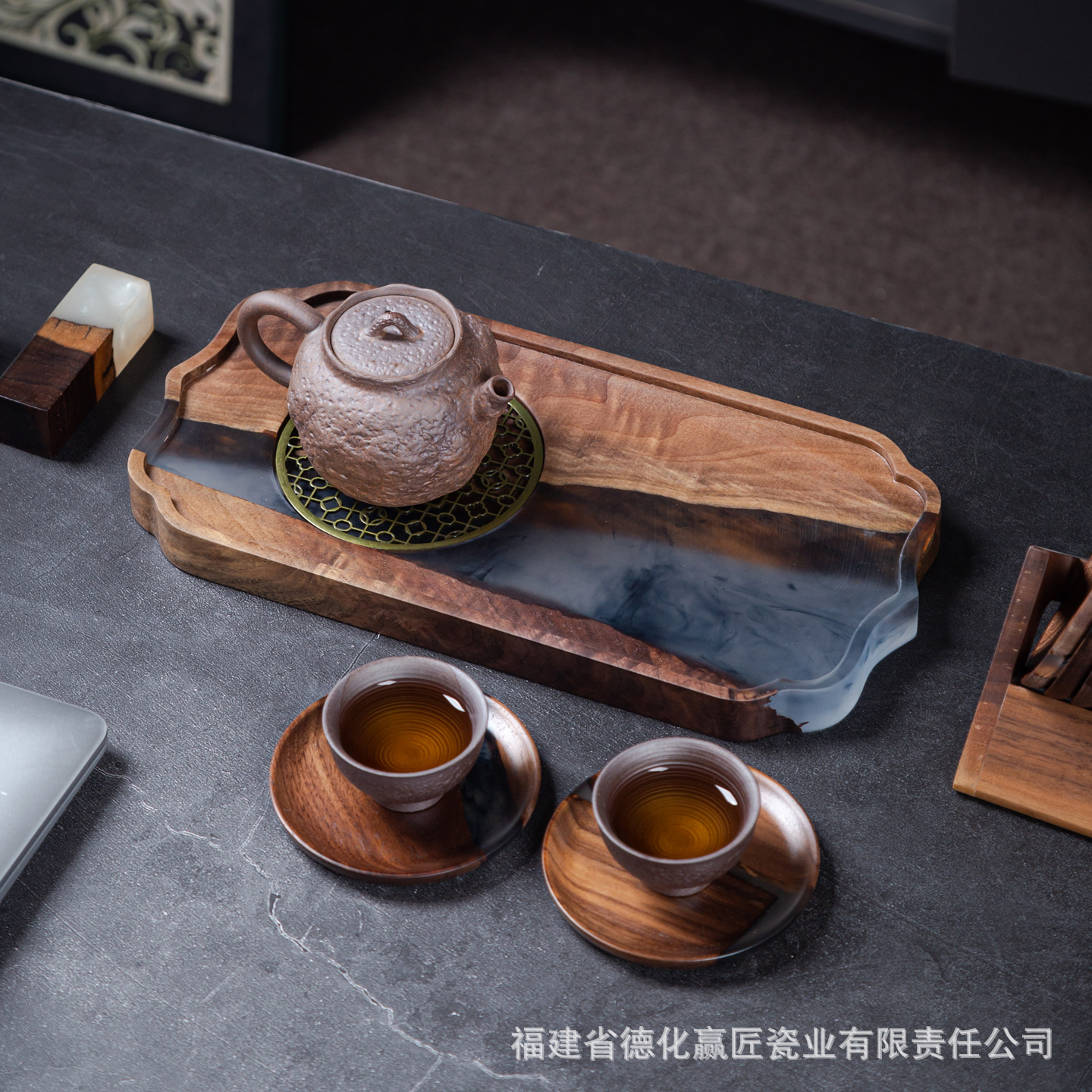 Transfronterizos exclusivos para resina de nuez río bandeja de té ligera de lujo madera sólida secos tabla de infusión kung fu bandeja de té al por mayor