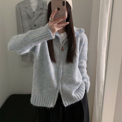 韩系复古花线翻领双拉链毛衣外套女秋冬新款宽松慵懒软糯针织开衫