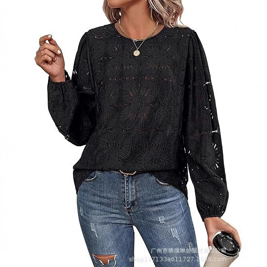 2025 Amazon European and American Export Cross-Border New Women's Cut Out Tops Casual Crochet Lace Embroidered Shirts