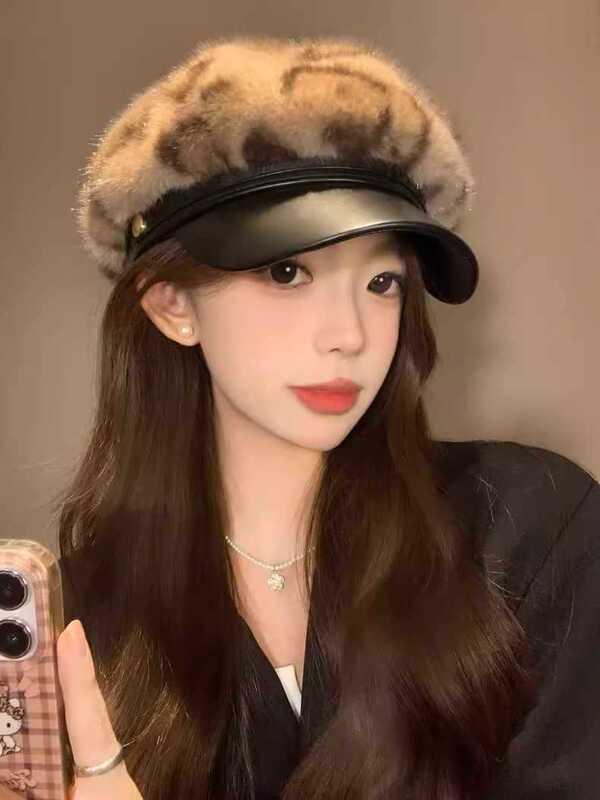 韩版高级感气质豹纹鸭舌帽秋冬季帽子女款百搭加绒帽显脸小报童帽|undefined