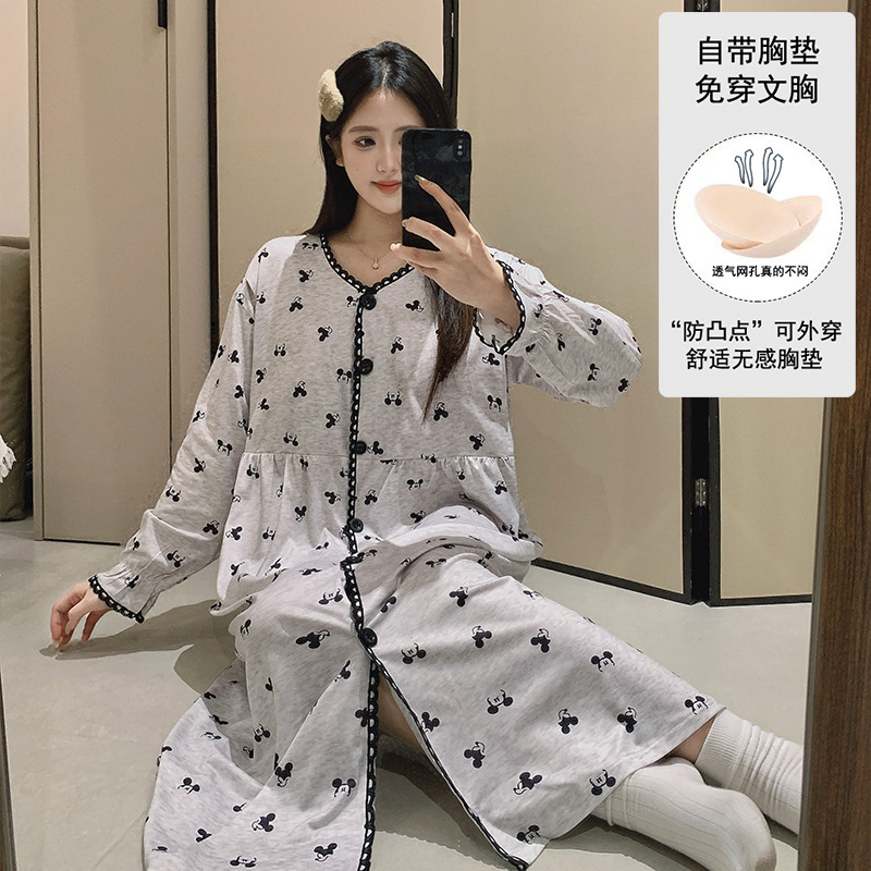 2026 Summer May Thin Style Ice Silk Cotton Nightgown with Chest Pads Maternity Dress for Women Breastfeeding Home Dress June