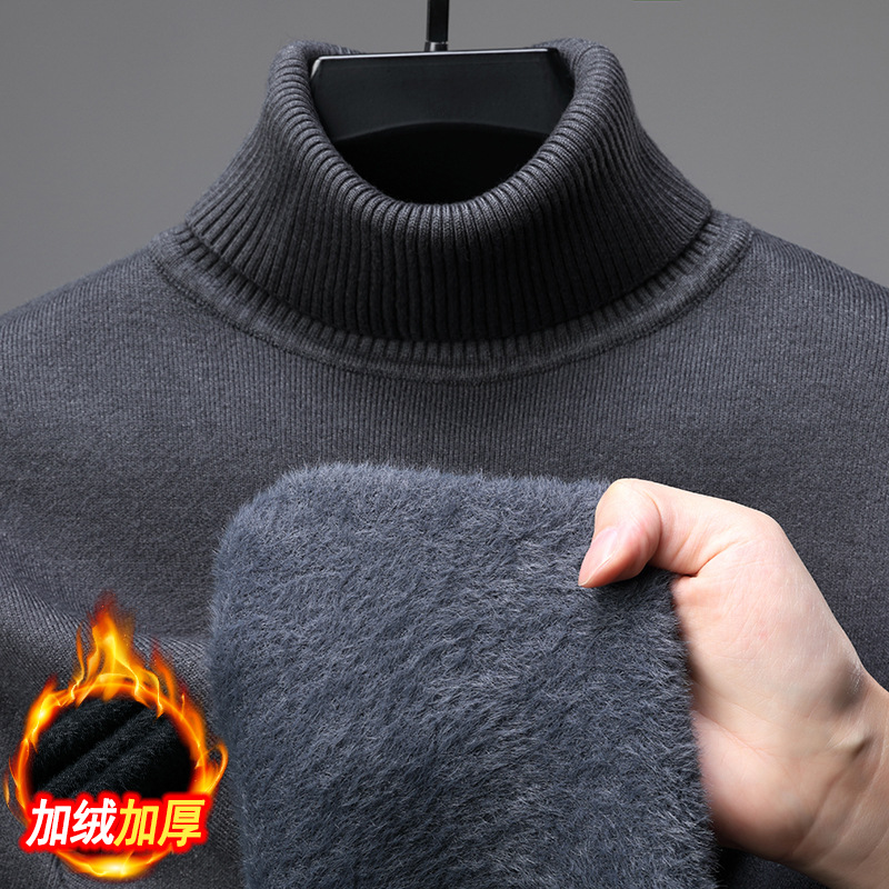 One-Piece Velvet Sweater for Men 2025 Autumn and Winter New Style High Collar Fleece-Lined Thickeneded Casual Bottoming Knitted Sweater Wholesale