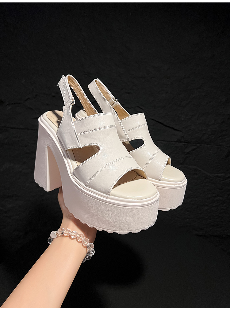 Sandal hở mũi nữ đế siêu dày 12cm quai ngang phong cách La Mã, khóa dán, gót vuông — màu đen, màu trắng ngà chi tiết 16