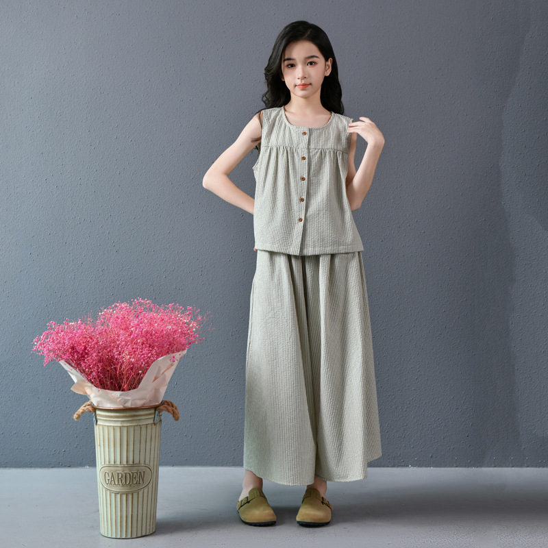 Traje de verano para niñas sin mangas pantalones anchos sueltos culottes de dos piezas verano fresco arte culottes casual a rayas