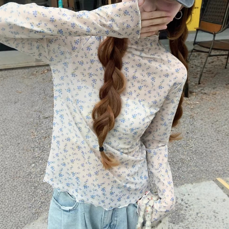 Korean-Style Layered Blue Floral T-Shirt for Women, Autumn 2025 New Stylish Ruffled Slightly Sheer Long-Sleeve Top Korean-Style Layered Blue Floral T-Shirt for Women, Autumn 2025 New Stylish Ruffled Slightly Sheer Long-Sleeve Top