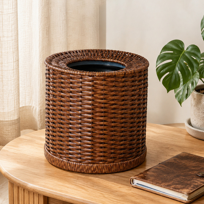 Rattan-style trash can, retro paper basket, double-layer, large capacity, for home use, kitchen, and living room, storage bin, light luxury, handcrafted Rattan-style trash can, retro paper basket, double-layer, large capacity, for home use, kitchen, and living room, storage bin, light luxury, handcrafted