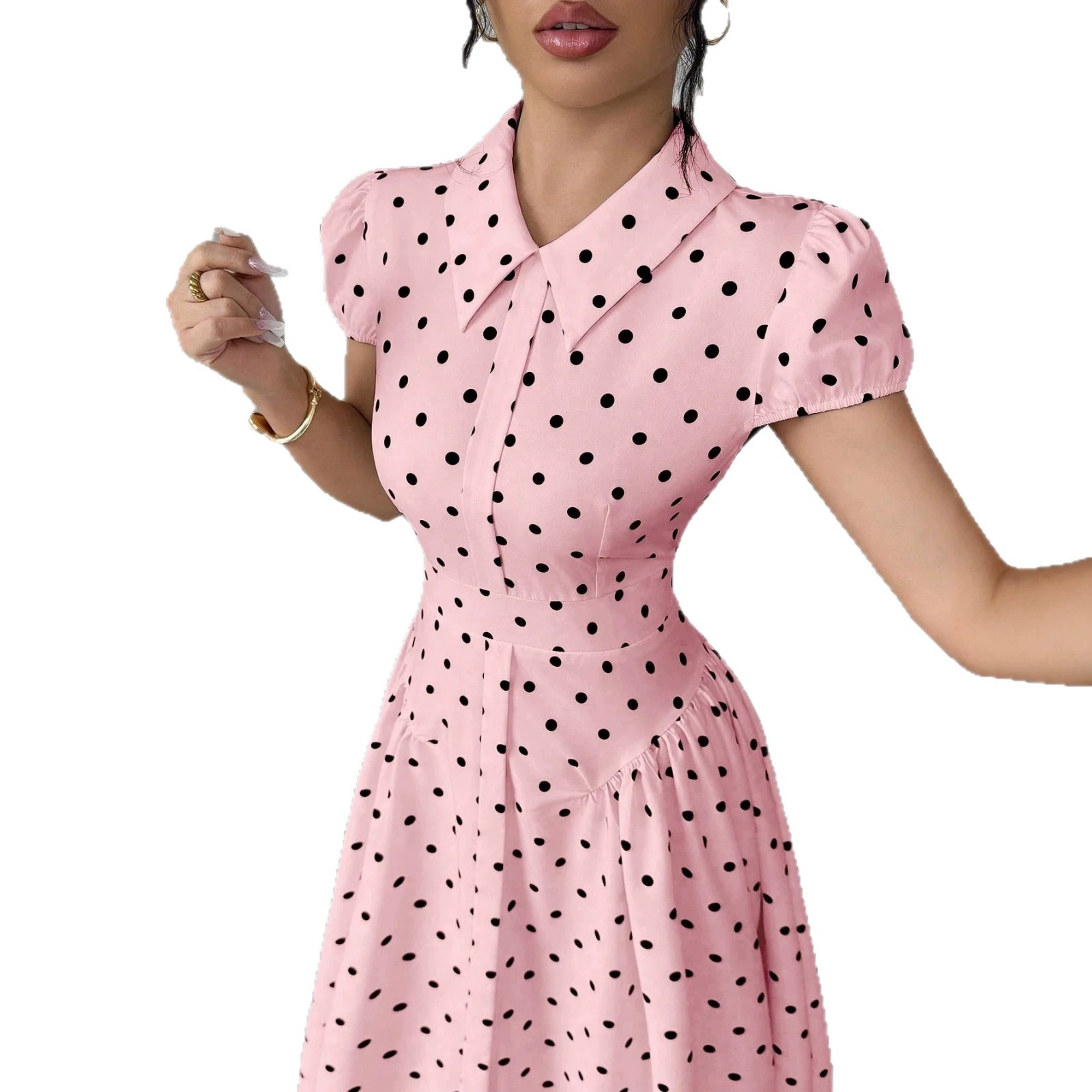 New Women's Polka Dot Dress Short Sleeve Summer Style French Retro Slimming Elegant Long Dress For Youthful Fashion_ecoleips.com