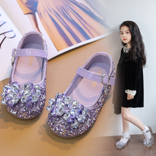 Girls Crystal Shoes 2025 New Children Elsa Princess Shoes Spring and Autumn Women's Baby Soft-soled Leather Shoes Purple Spring