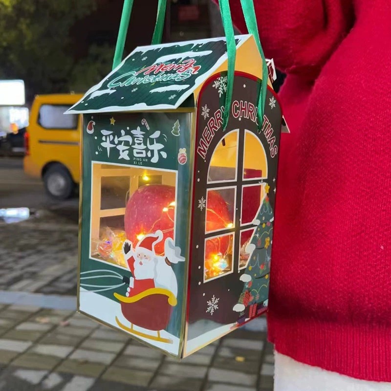 Navidad Cottage plegable caja de Apple mano llevar bolsa de regalo Nochebuena niños Portátil Bolsa de dulces caja de embalaje de regalo