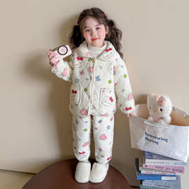 女童睡衣冬季加厚三层夹棉珊瑚绒儿童加绒保暖套装宝宝洋气家居服