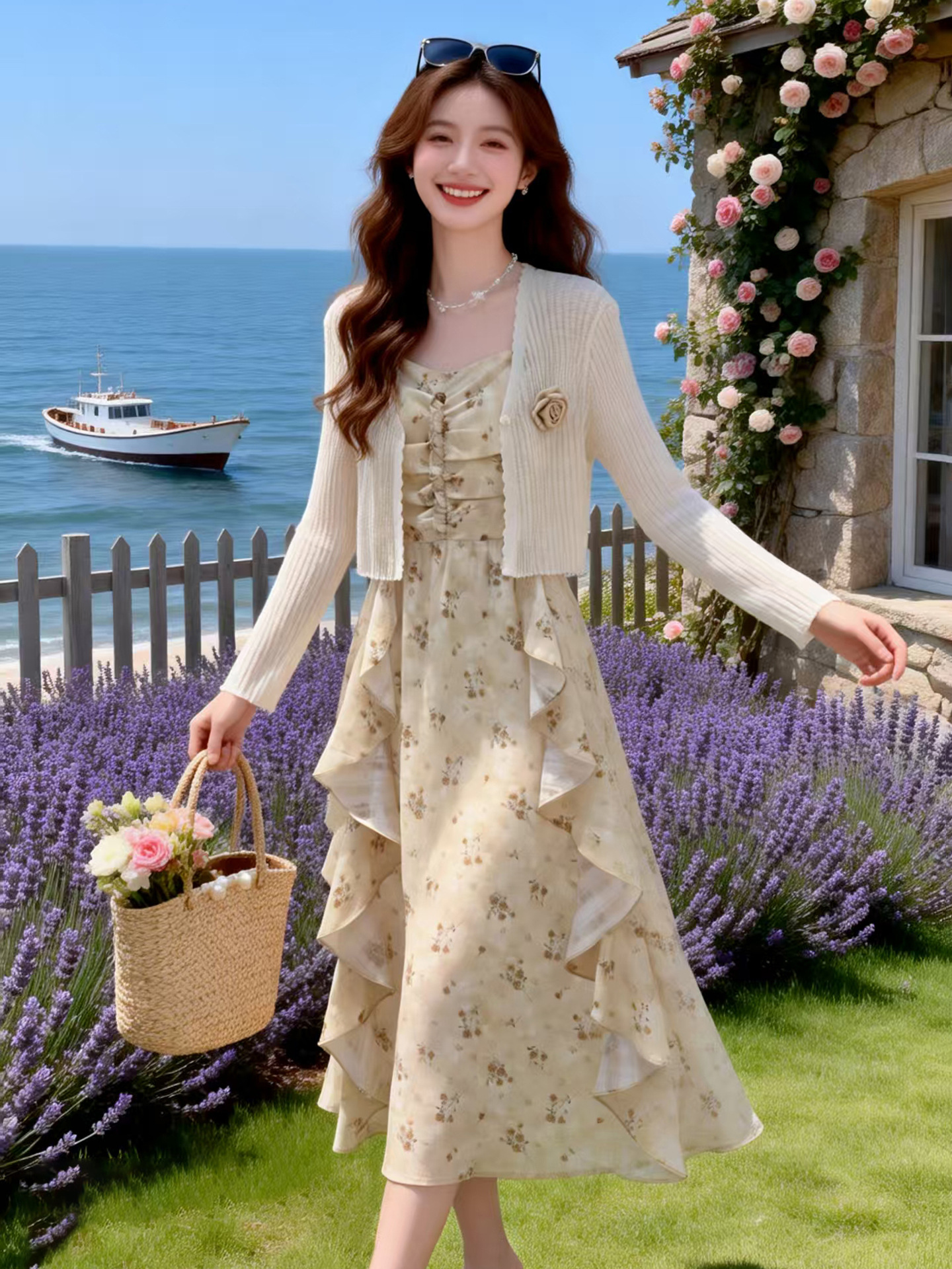 Bộ đầm hai mảnh gồm áo khoác cardigan và đầm maxi hoa nhí thắt eo BL2608 — xanh lam, màu be