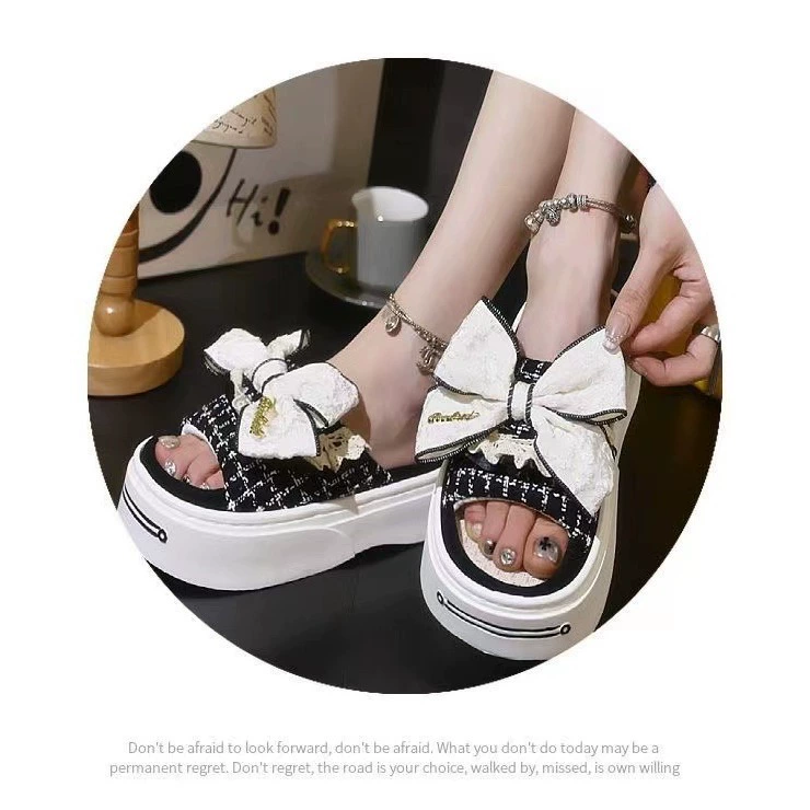 Summer slippers, high non-slip slide, cute footwear with bow, Chanel style