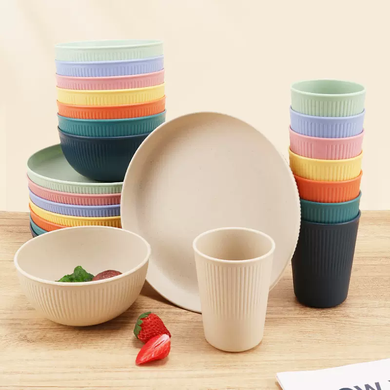 跨境小麦秸秆竖纹碗杯盘24件家用餐具沙拉汤碗餐盘水杯套装批发