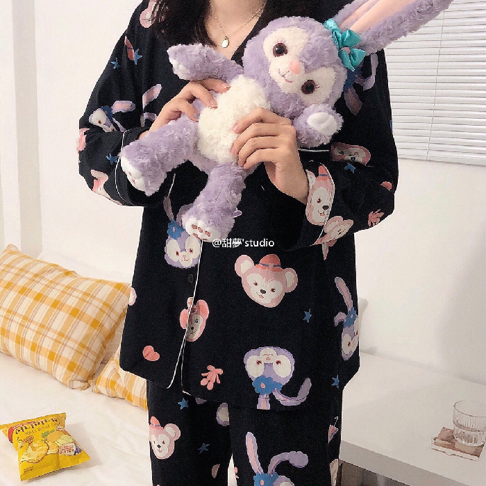 Primavera y otoño pijamas de las mujeres lindo simple traje fresco estudiante flojo Delgado manga larga cardigan leche seda inicio desgaste