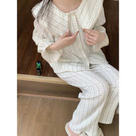 实拍2025春季INS棉纱简约条纹花韩系娃娃领气质家居服睡衣套装女
