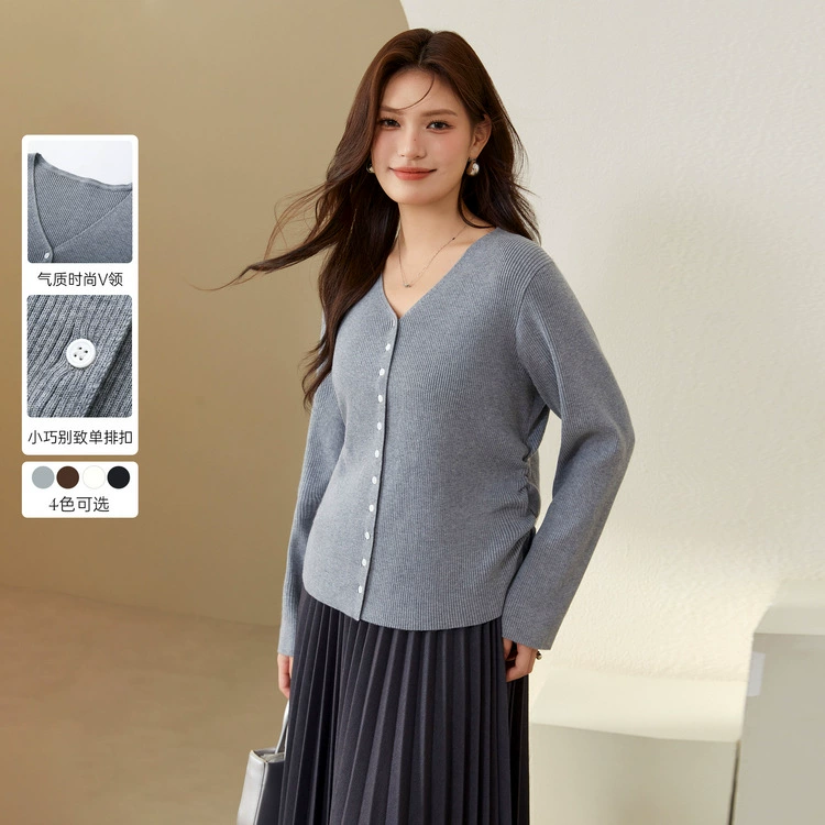 Сплошное шоу большого размера женская корейская простая и нежная темпераментная V-образная тонкая вязаная рубашка жирная мм2024 осенняя новая