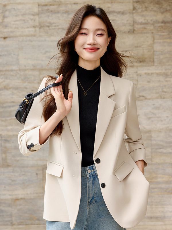 梅子红色西装外套女秋季2025新款韩版宽松休闲后开叉小西服上衣|undefined