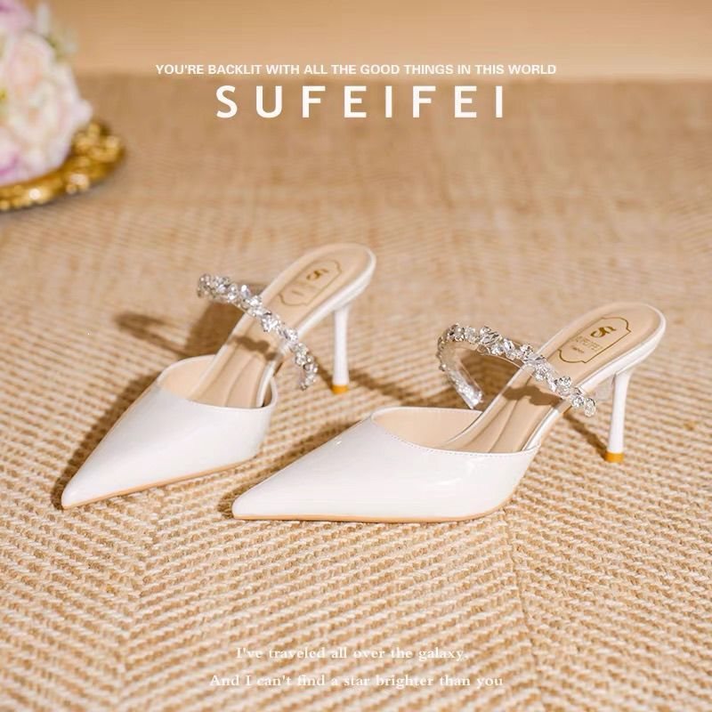 Su Feifei's New Summer High-Heeled Shoes for Women, Featuring Thin Heels, Pointed Toes, Rhinestones, a Single Strap, Closed Front, and Open Back Mules