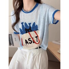 ブルー漫画薄い半袖 Tシャツ韓国スタイル超見栄えの良いユニークな美しいトップ 2025 夏